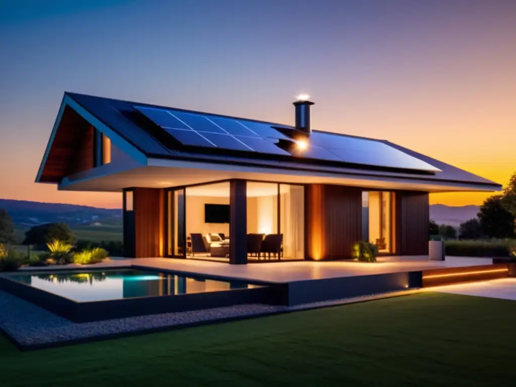 Residencia moderna con tecnología inteligente y paneles solares, disfrutando de los beneficios de la eficiencia energética en el hogar al atardecer