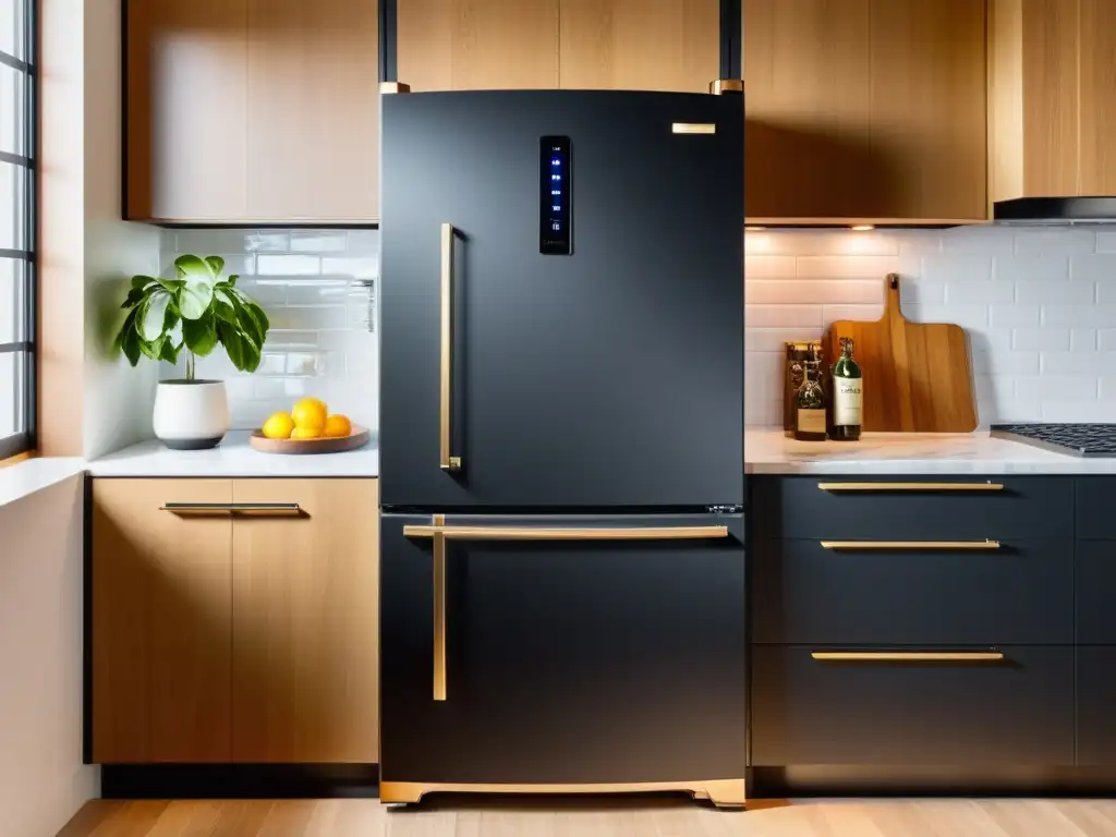 Diseño retro electrodomésticos modernos: Refrigerador negro mate con detalles cromados y panel LED integrado, en cocina minimalista elegante