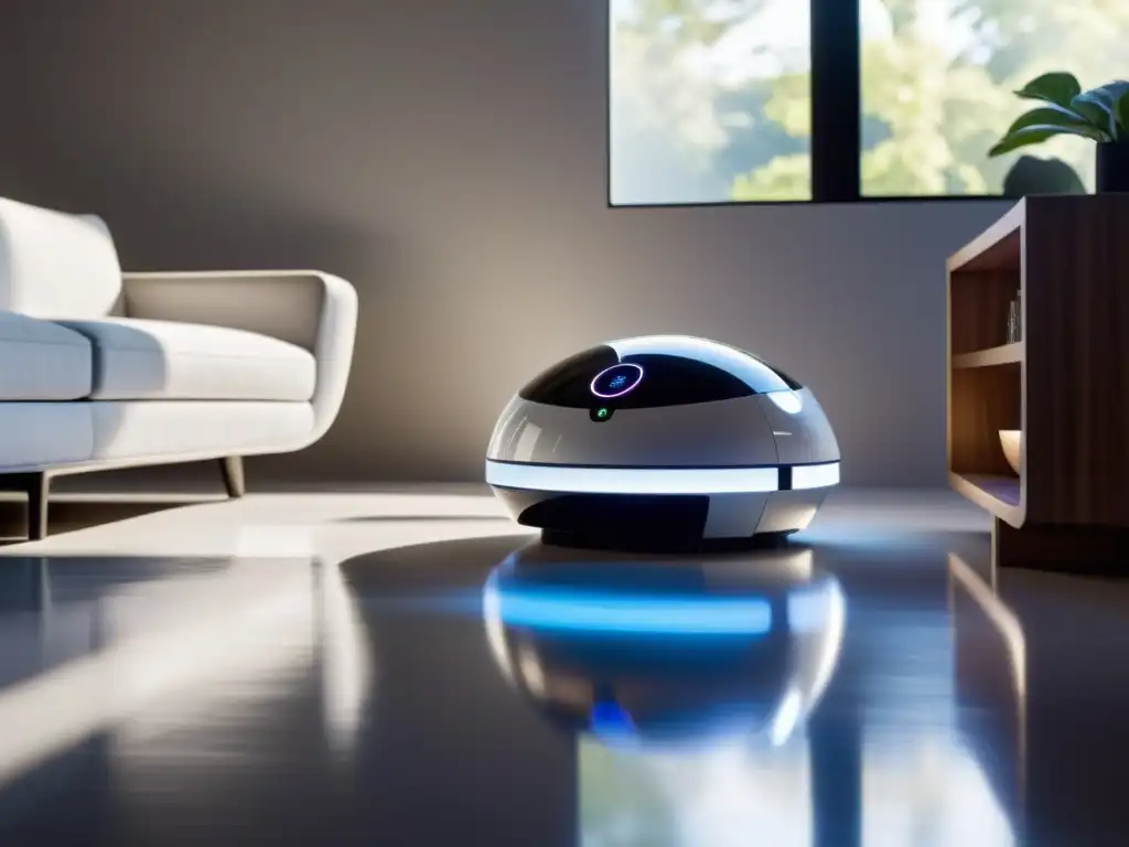 Un robot asistente para el hogar con diseño moderno y elegante, limpia el suelo con facilidad en una sala soleada