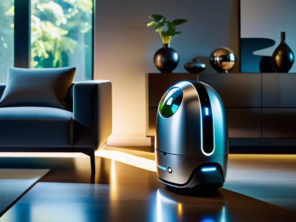 Un robot asistente moderno e impecable limpia un salón soleado con tecnología futurista