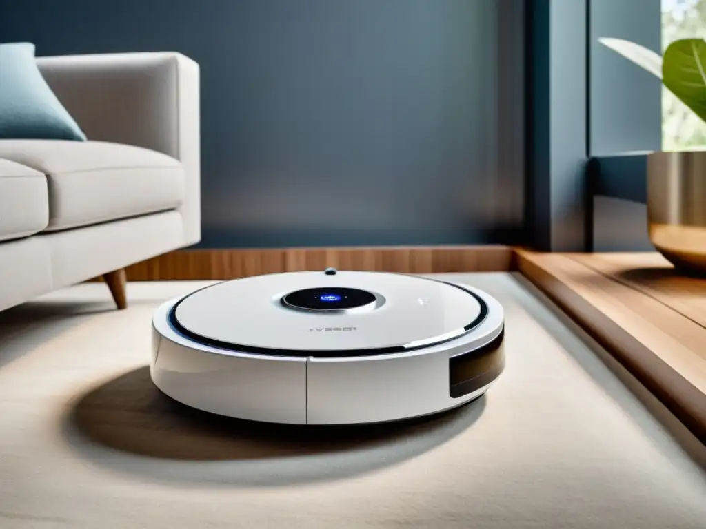 Robot aspirador blanco de diseño elegante y moderno, navegando sin esfuerzo en un salón minimalista