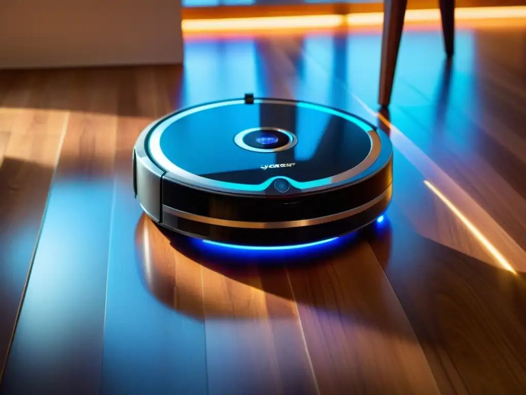 Un robot aspirador futurista avanza suavemente sobre un suelo de madera, iluminado por luces LED modernas