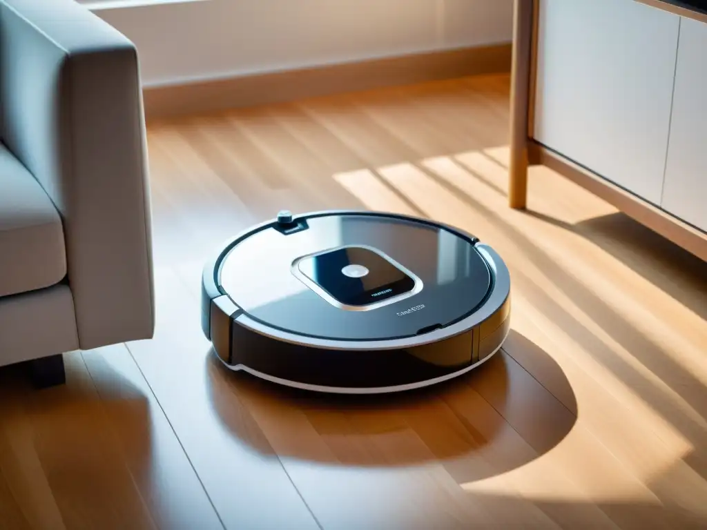 Un robot aspirador moderno y elegante se desplaza con facilidad en una sala decorada con estilo