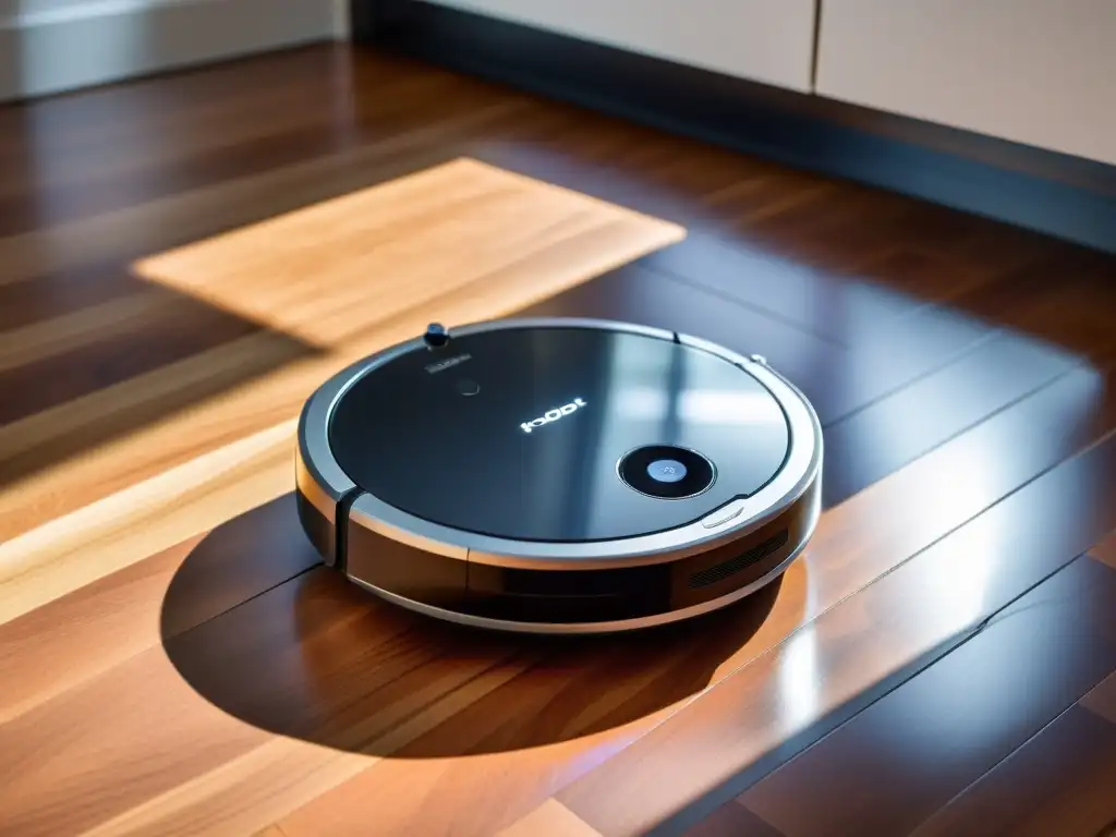 Un robot aspirador moderno deslizándose sin esfuerzo en un piso de madera, con una red de dispositivos inteligentes en el fondo