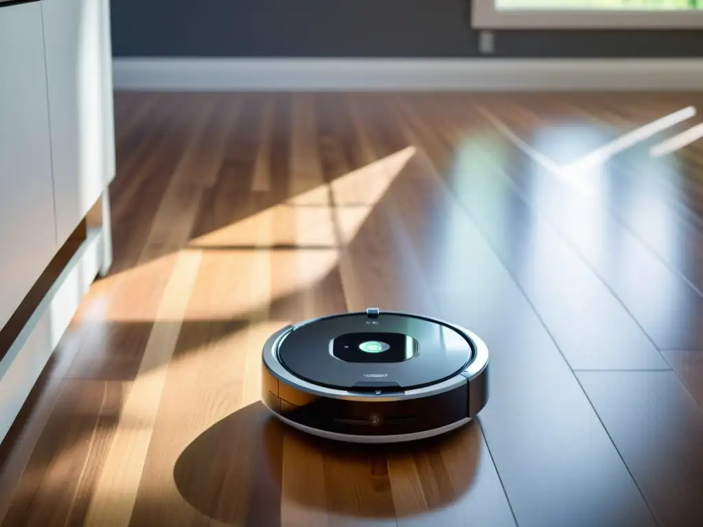 Un robot aspirador moderno navega con precisión en un hogar conectado, bañado por la luz natural