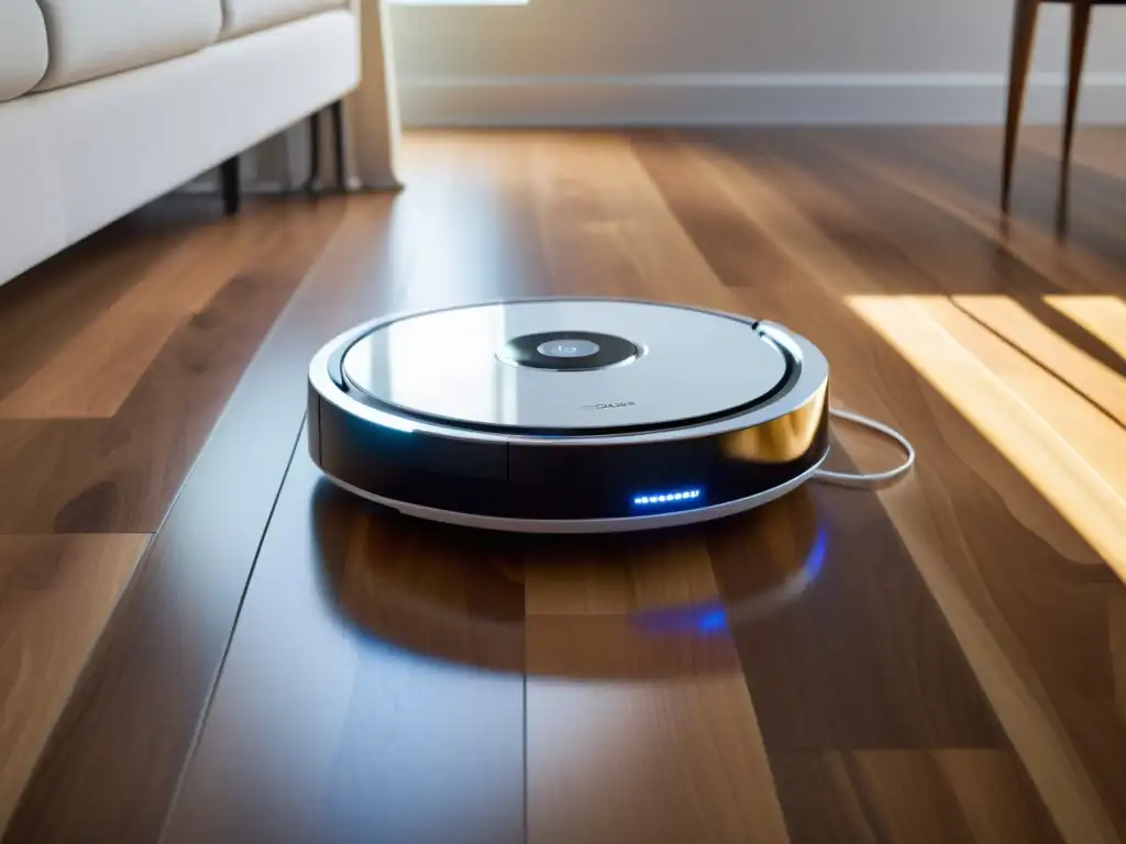 Un robot aspirador moderno iluminando un piso de madera mientras navega hábilmente alrededor de muebles, creando líneas limpias