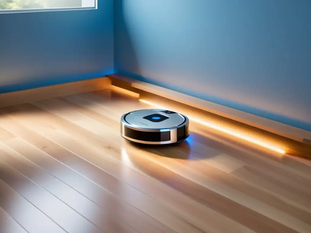 Un robot aspirador moderno ilumina el suelo de madera con su LED azul, en un espacio minimalista