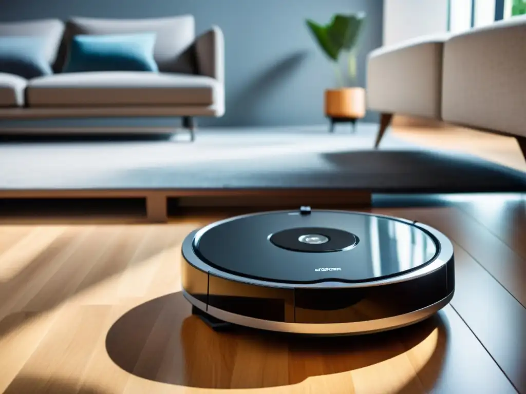 Robot aspirador moderno: limpieza eficiente en sala amplia Un robot aspiradora moderno limpia con eficiencia una sala amplia y luminosa, con diseño futurista en contraste con la cálida decoración