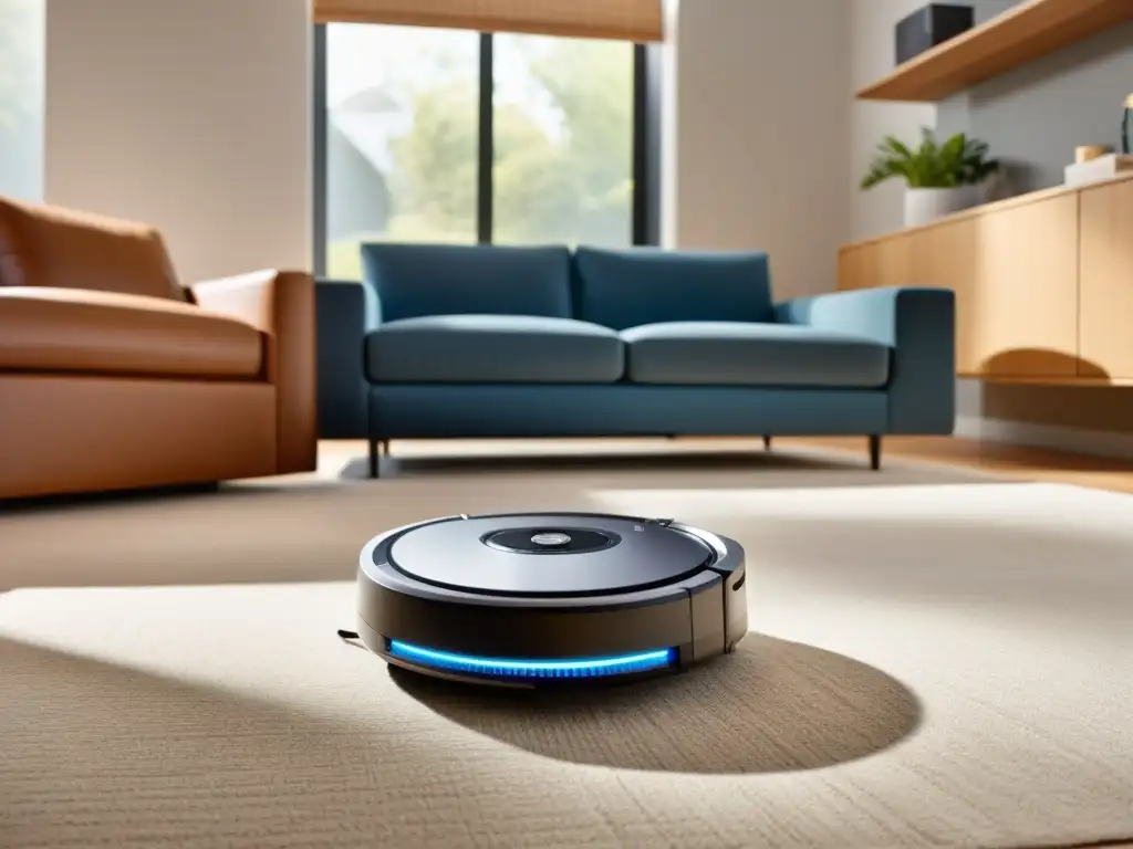 Robot aspirador moderno, inclusivo y eficiente en sala de estar Robot aspiradora para personas con discapacidad limpiando mientras alguien en silla de ruedas observa con satisfacción