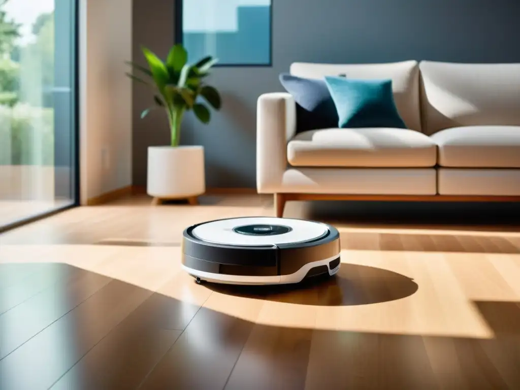 Robot aspiradora moderno en salón accesible y ordenado Robot aspiradora para personas con discapacidad navegando en una sala moderna y espaciosa, con luz natural