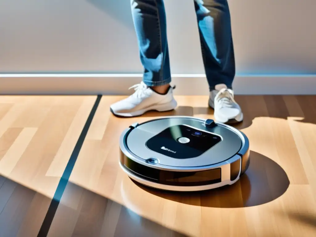 Robot aspirador accesible en ambiente hogareño inclusivo Robot aspiradora para personas con discapacidad: Moderno robot limpia sin esfuerzo en un hogar inclusivo y luminoso