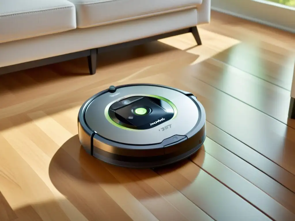 Robot aspirador Roomba i7, tecnología avanzada y diseño futurista en acción sobre suelo de madera limpia