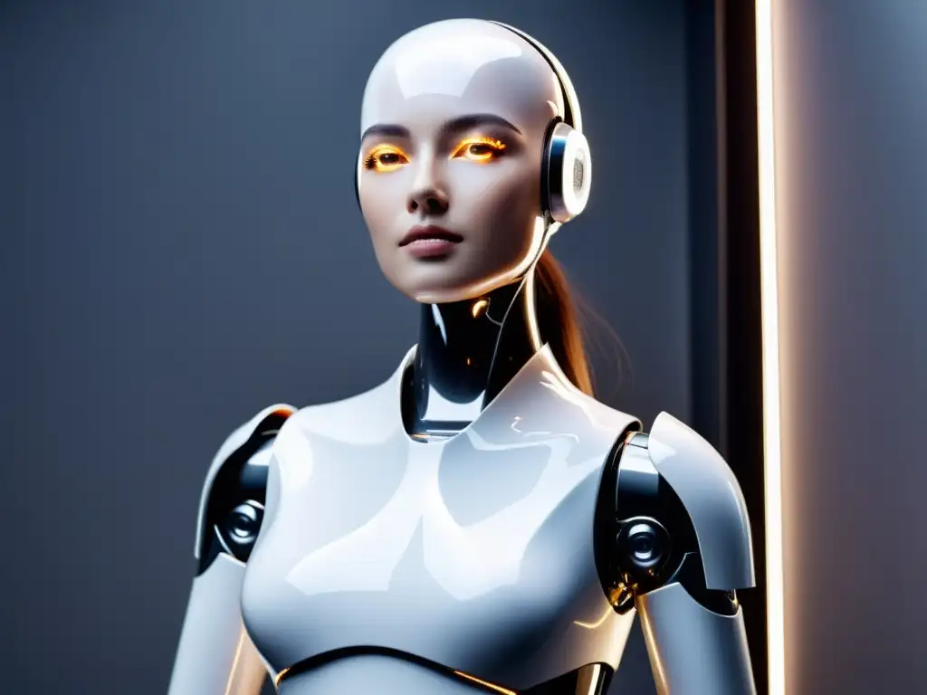 Un robot de belleza y salud innovador con diseño moderno y acabado blanco brillante se destaca en un entorno futurista, irradiando tecnología avanzada