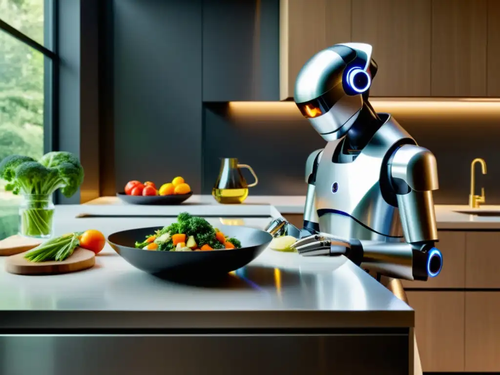 Un robot chef prepara una comida gourmet en una moderna cocina hogareña, mostrando la adopción de robots para el hogar en la vida cotidiana