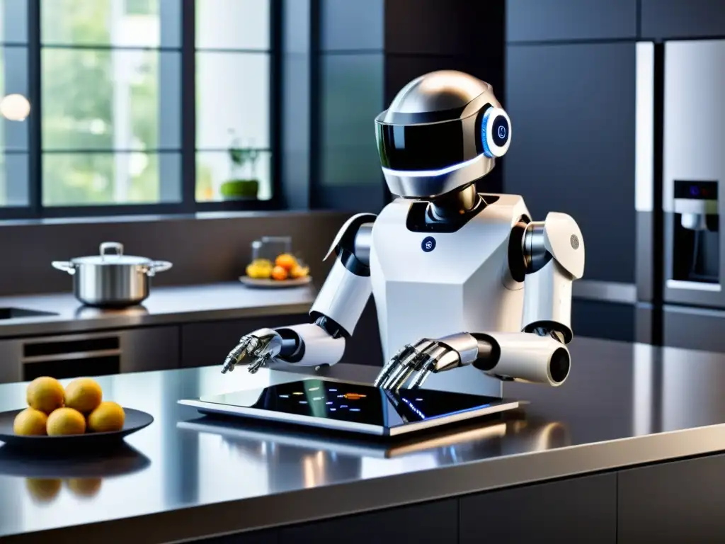 Un robot de cocina de acero inoxidable de última tecnología preparando una comida gourmet en una cocina moderna