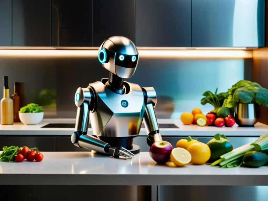 Robot de cocina de acero inoxidable en una cocina moderna, rodeado de ingredientes frescos