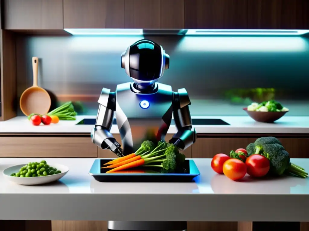 Un robot de cocina de alta gama corta vegetales con precisión en una moderna cocina