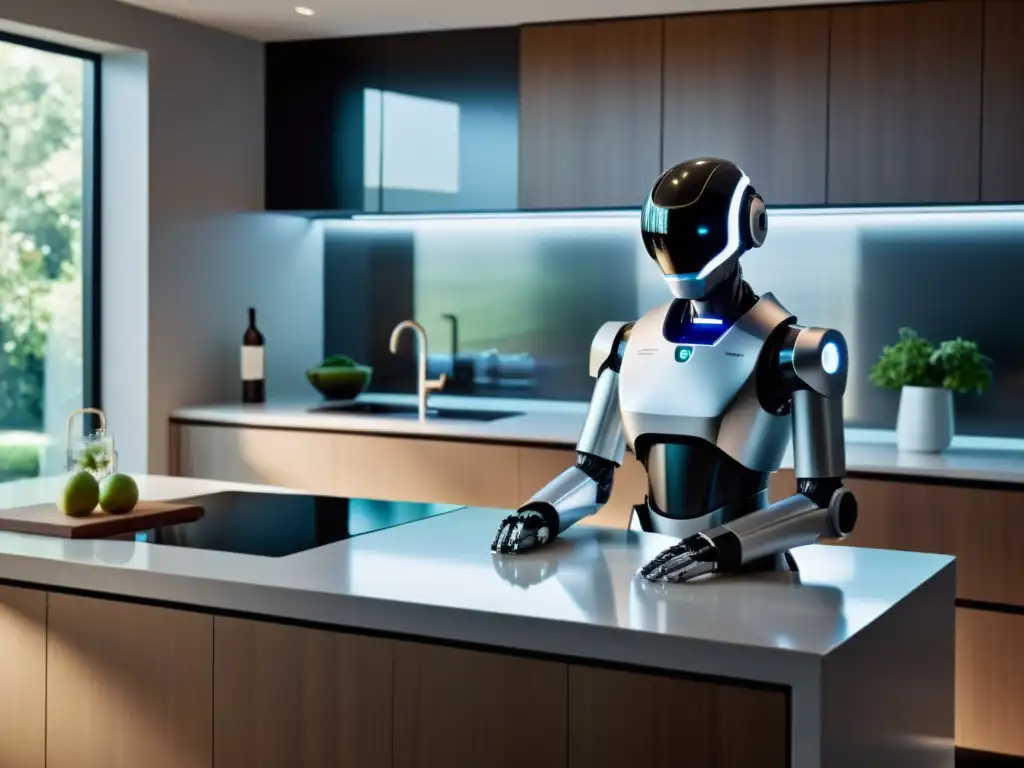 Un robot cocina de alta tecnología muestra un mensaje de error en una cocina moderna, con luz natural y decoración minimalista