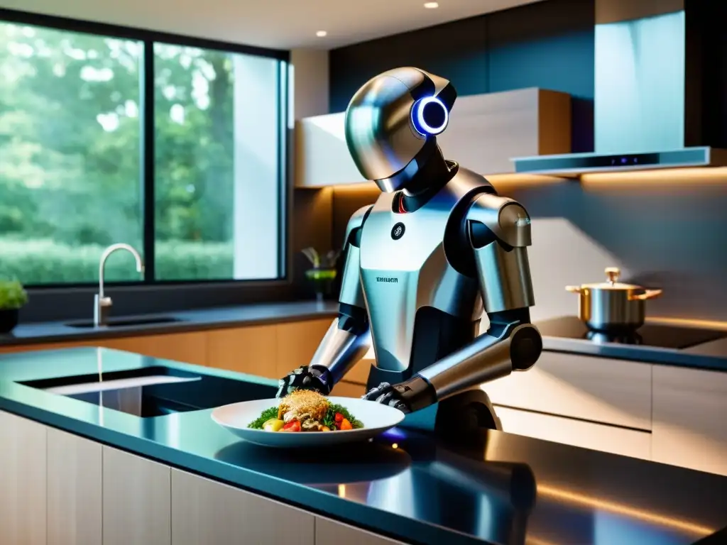 Robot de cocina de alta tecnología preparando una comida gourmet en una cocina moderna