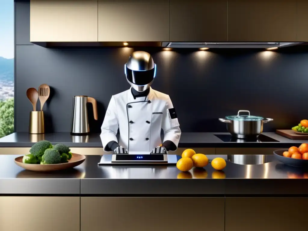 El robot de cocina más avanzado del 2021 destaca en una elegante encimera de cocina, con un diseño futurista y funcionalidad de vanguardia