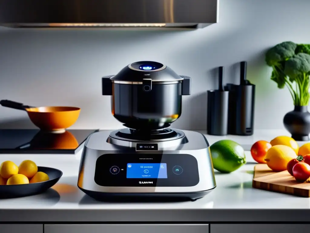 Un robot de cocina autónomo preparando una comida gourmet en una cocina moderna y elegante, rodeado de ingredientes frescos y gadgets de alta tecnología