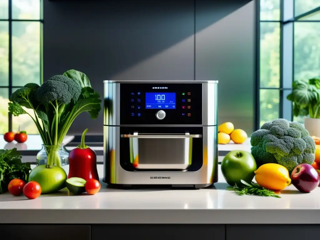 Robot de cocina ecoamigable en una cocina moderna, rodeado de frutas y verduras frescas, emitiendo una suave luz acogedora