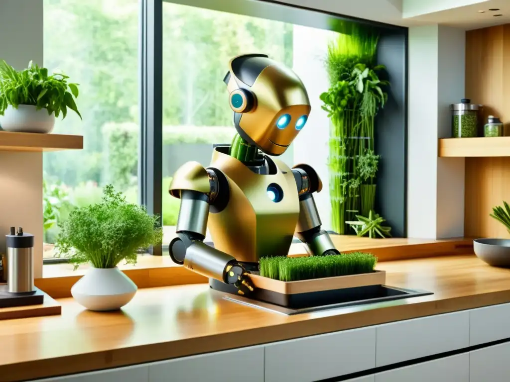 Un robot de cocina ecoamigable prepara una comida vegana en una cocina moderna con luz natural y hermoso jardín vertical