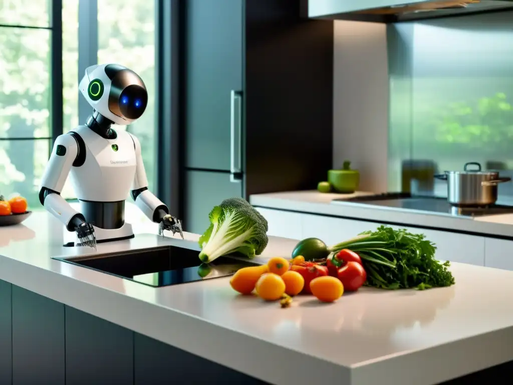 Un robot de cocina ecoamigable cortando vegetales en una elegante encimera de cocina