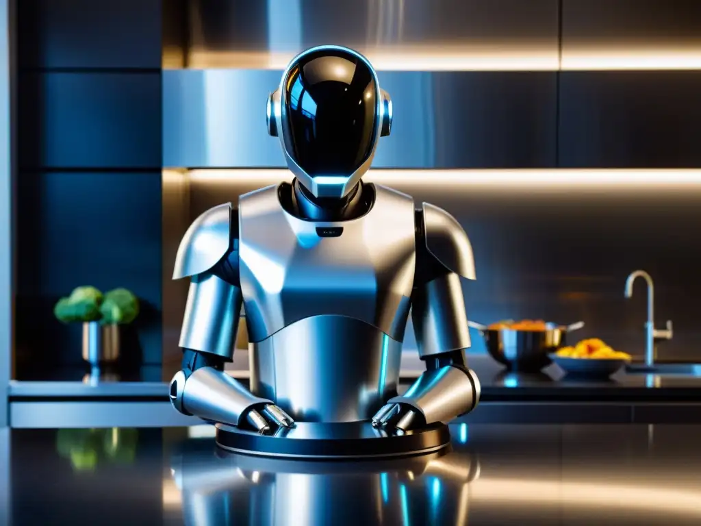 Un robot de cocina del futuro prepara una comida gourmet con precisión y eficiencia en una cocina futurista y lujosa