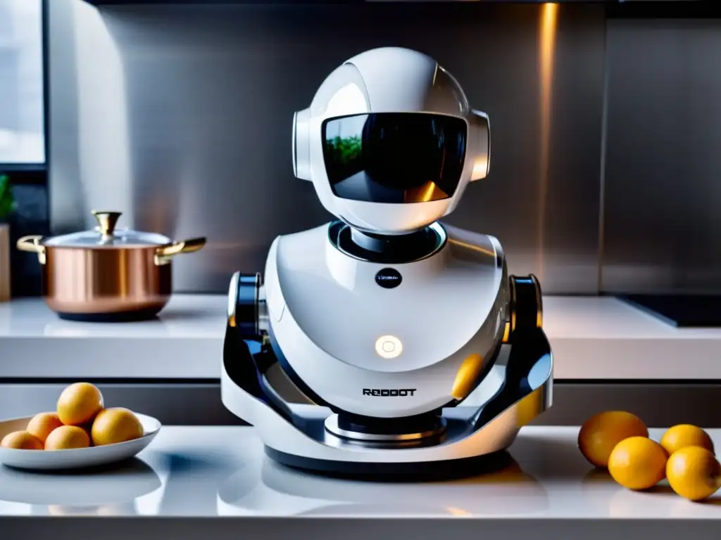 Un robot de cocina del futuro con un diseño minimalista y sofisticado, cortando ingredientes con precisión