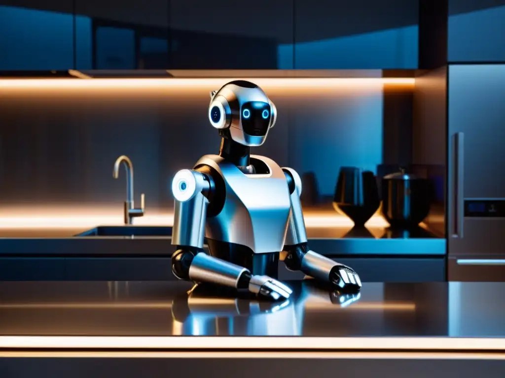 Robot de cocina del futuro: un elegante robot en una cocina futurista con luces LED y utensilios de alta tecnología