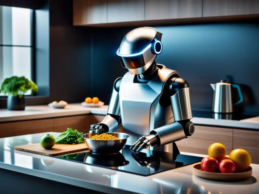 Un robot de cocina del futuro en acción, preparando ingredientes en una encimera moderna y minimalista