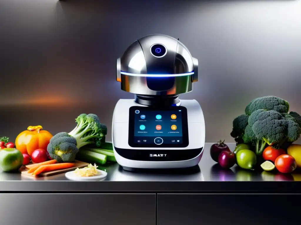 Un robot de cocina inteligente autónomo prepara una comida gourmet en una cocina moderna y elegante, rodeado de ingredientes frescos y gadgets de alta tecnología