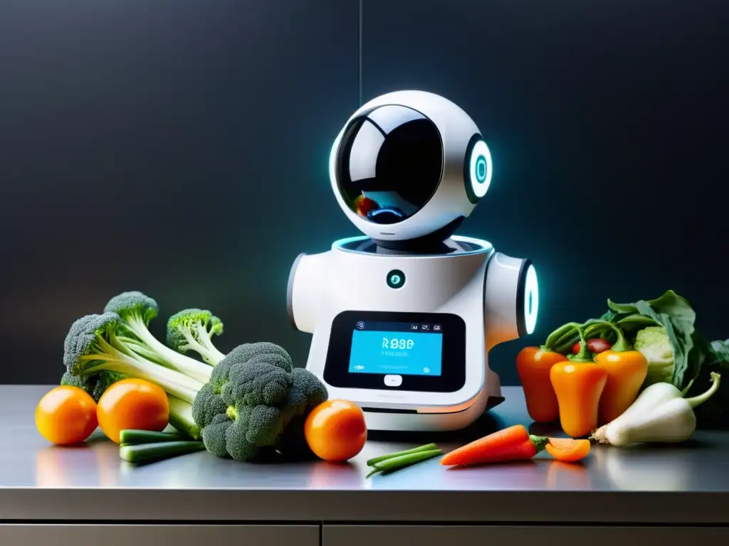 Un robot de cocina inteligente autónomo corta vegetales en una cocina moderna, con interfaz digital y ambiente futurista