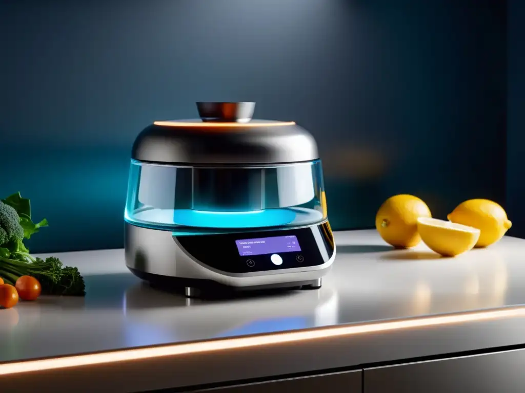 Un robot de cocina inteligente autónomo prepara una exquisita receta en una cocina moderna y elegante, mostrando eficiencia y alta tecnología