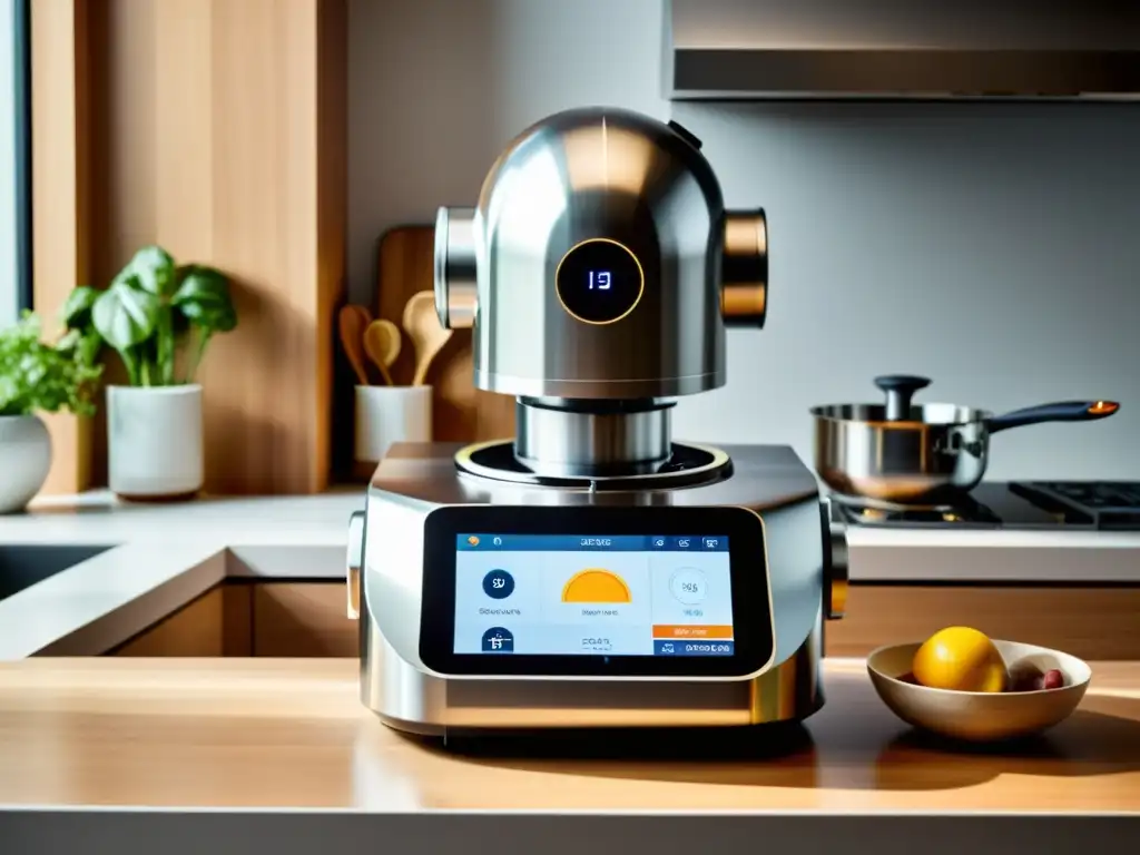 Un robot de cocina moderno de acero inoxidable con pantalla digital y accesorios de cocina, iluminado por luz natural