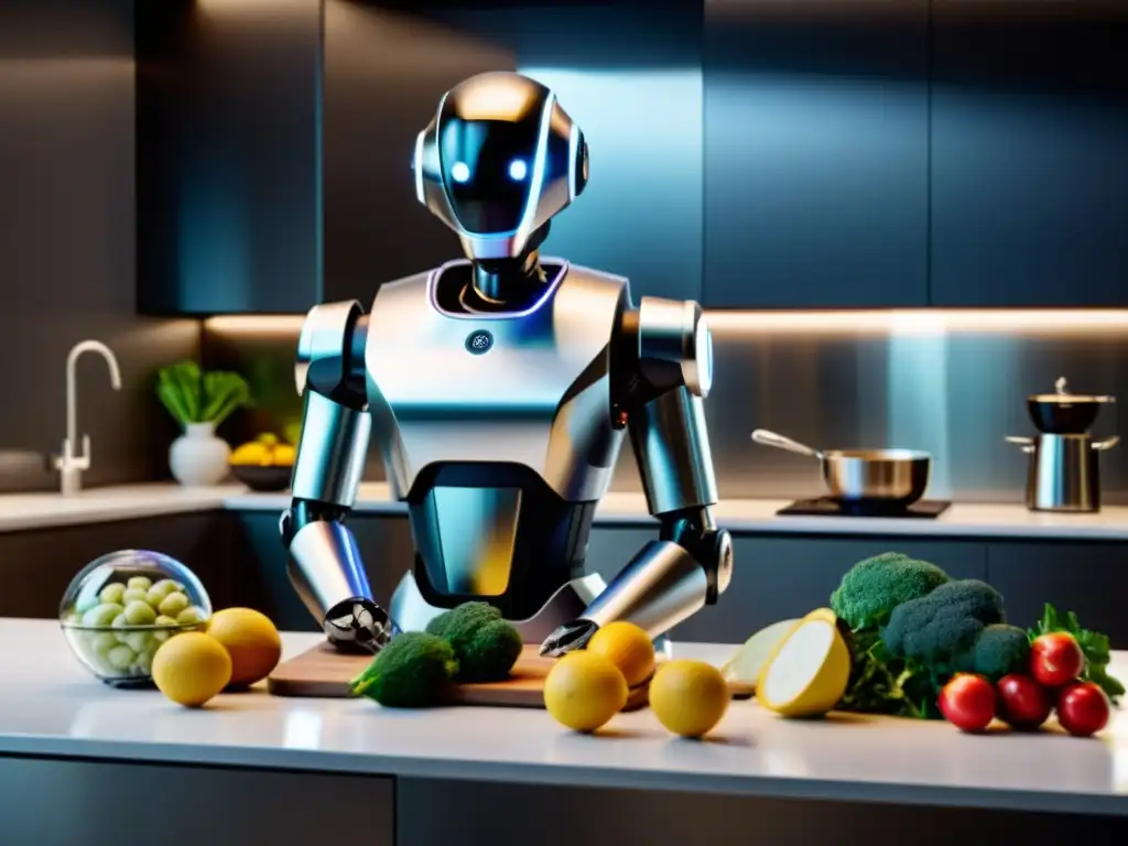 Un robot de cocina para necesidades culinarias destaca en una cocina moderna y elegante, rodeado de ingredientes frescos y utensilios de cocina