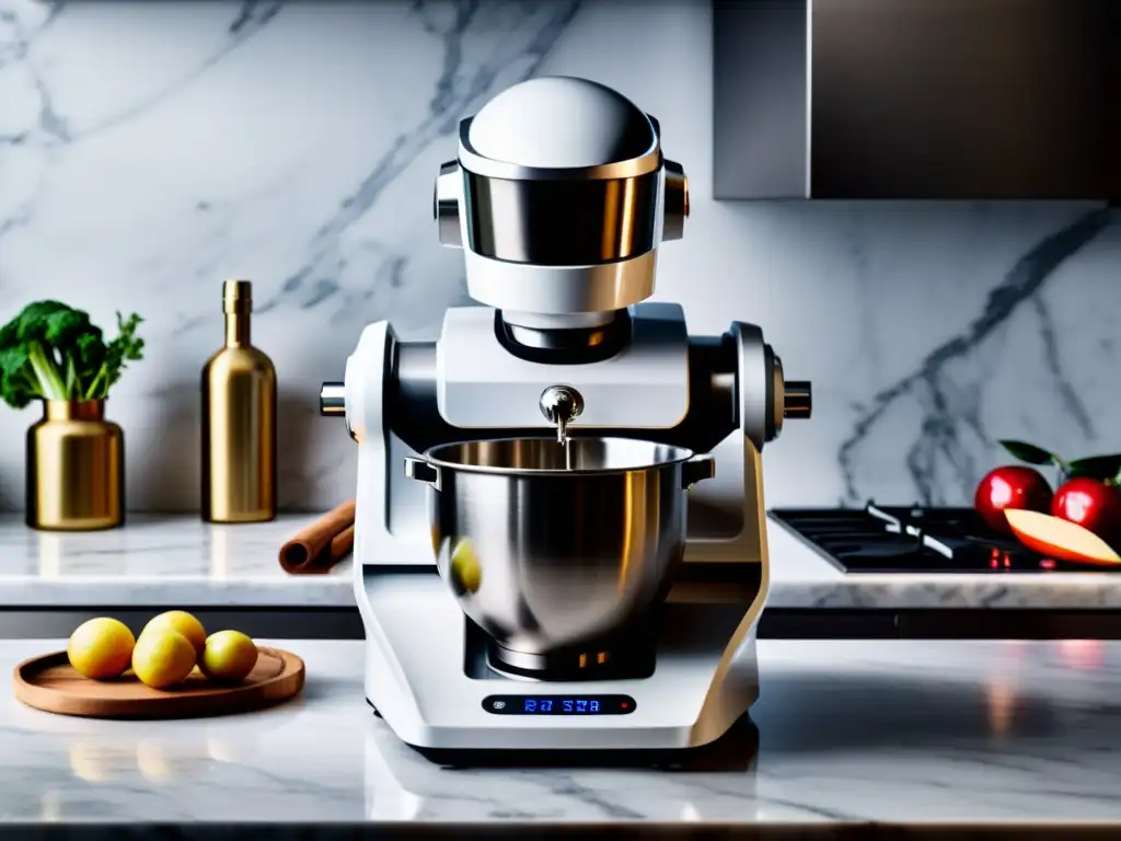 Robot de cocina para necesidades culinarias: moderno, elegante, con accesorios variados, sobre encimera de mármol iluminada