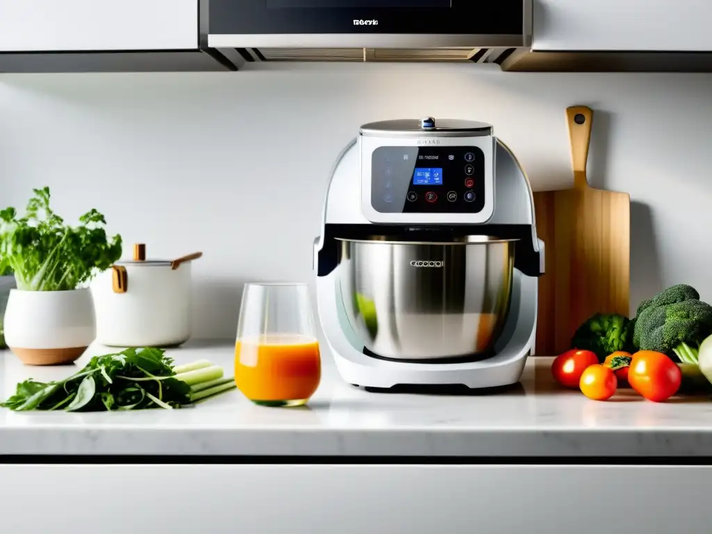 Un robot de cocina para necesidades culinarias, rodeado de ingredientes frescos y utensilios, en un ambiente acogedor y dinámico