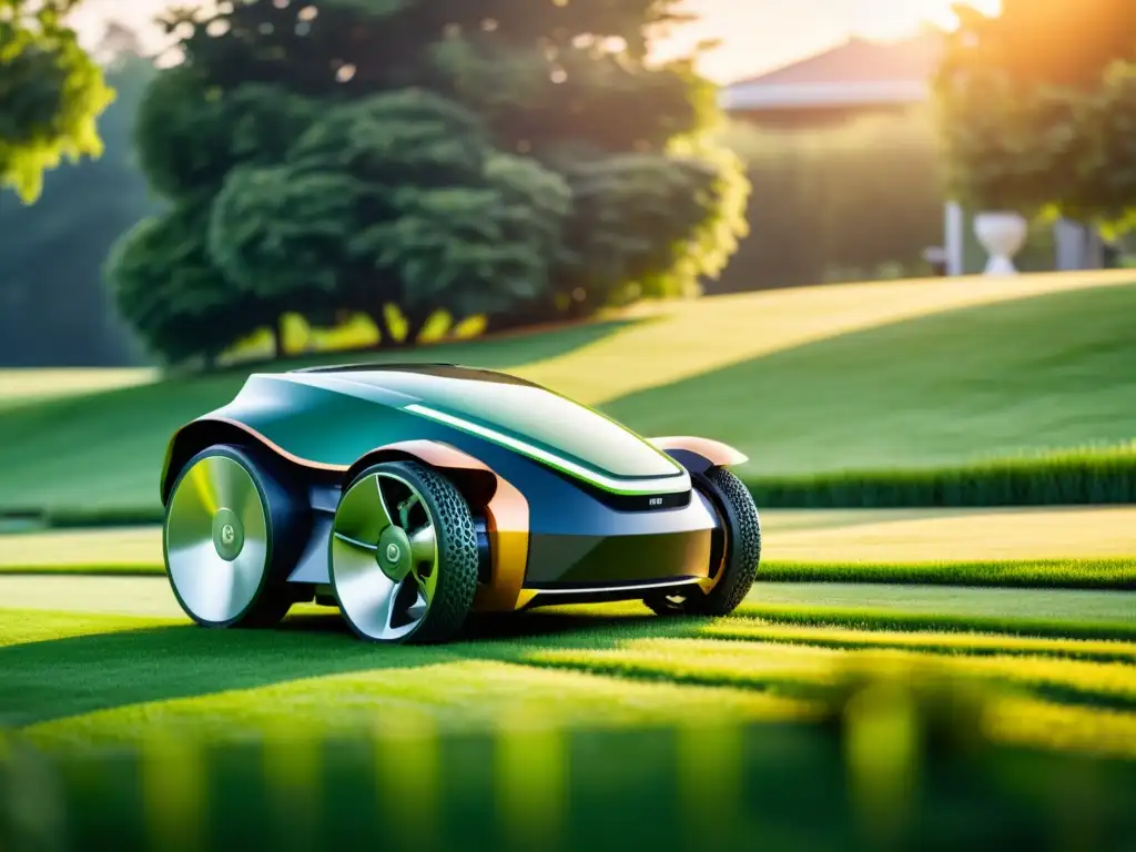 Un robot cortacésped tecnológico para jardín de diseño futurista surcando un césped perfectamente cuidado al atardecer, creando una escena armoniosa entre tecnología y naturaleza