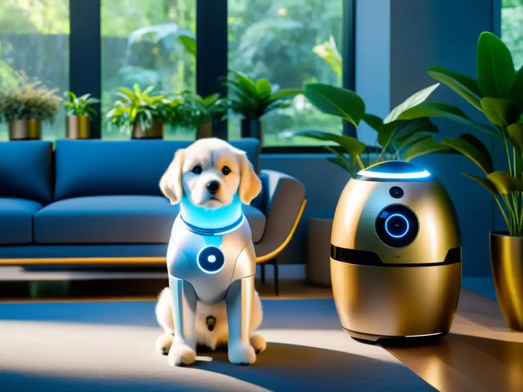 Un robot de cuidado de mascotas futurista interactúa con un perro en una sala llena de tecnología para cuidar mascotas a distancia