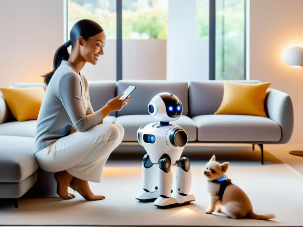 Un robot cuidador moderno y amable cuida a un bebé y a una mascota en una luminosa sala