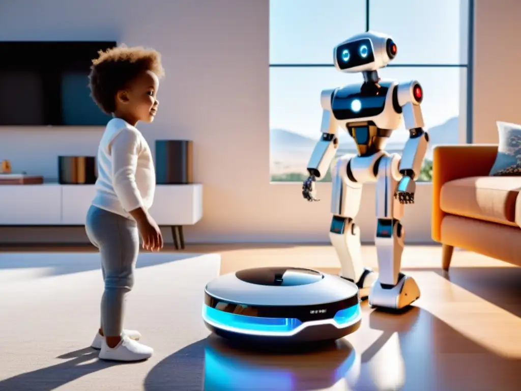 Robot cuidador de niños y mascotas interactúa amigablemente en moderna sala futurista