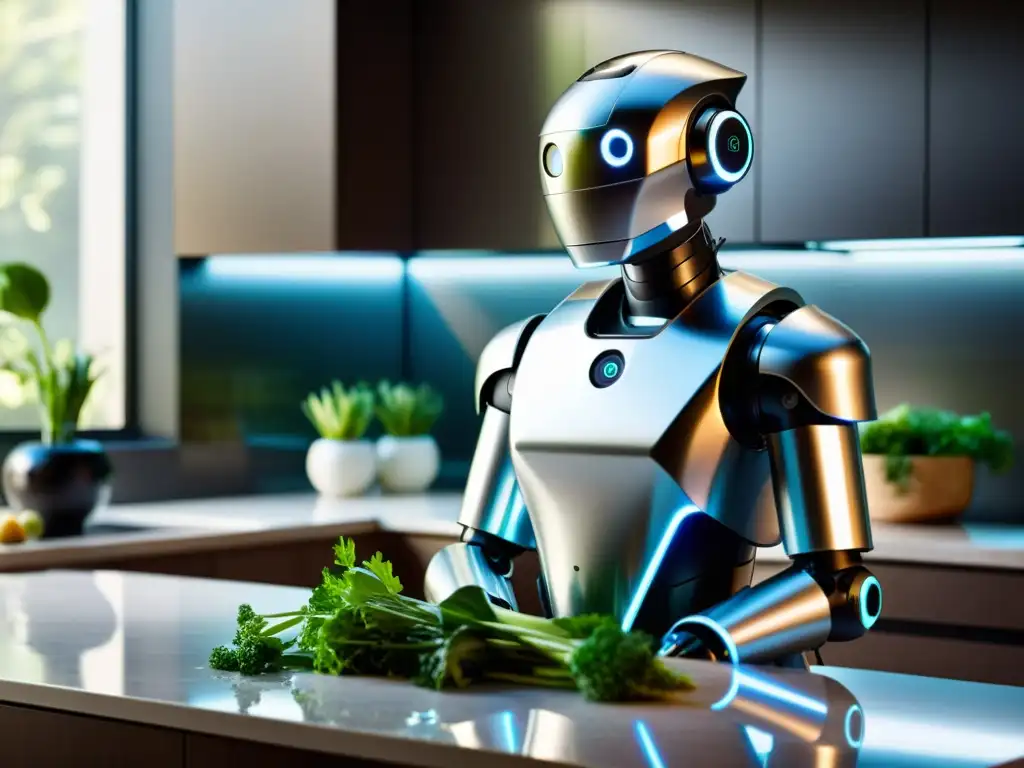 Un robot doméstico de diseño sofisticado cocina, limpia y riega plantas en una cocina soleada