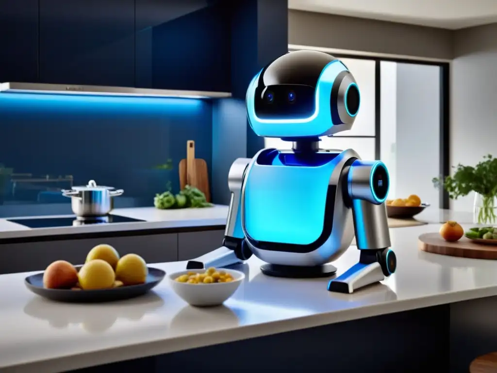 Un robot doméstico plateado y elegante prepara la comida en una cocina moderna, mientras una familia sonríe y charla en la mesa