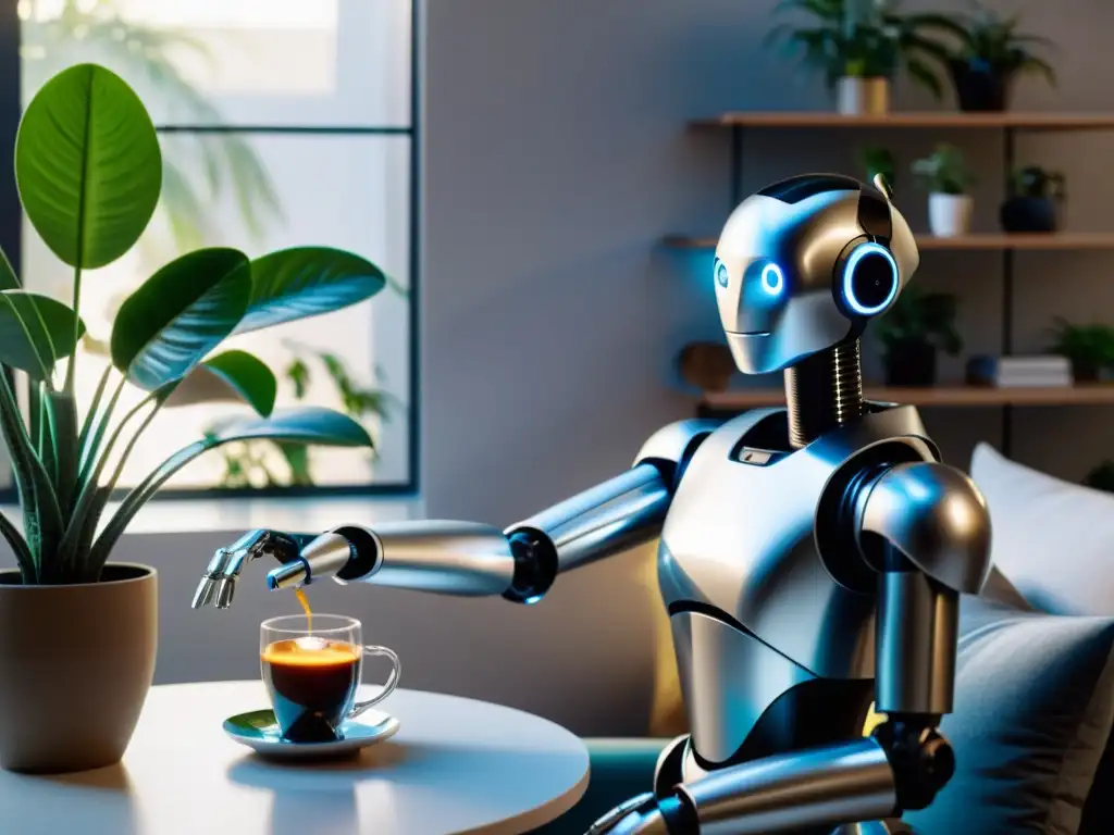 Un robot doméstico plateado en un salón minimalista, regando plantas y sirviendo café, fusionando tecnología y confort