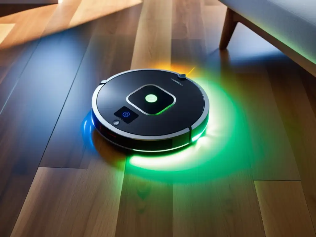 Un robot doméstico para tareas del hogar, elegante y moderno, deslizándose sin esfuerzo por un suelo de madera, con su pantalla LED brillando con indicadores de estado mientras navega con precisión alrededor de los muebles