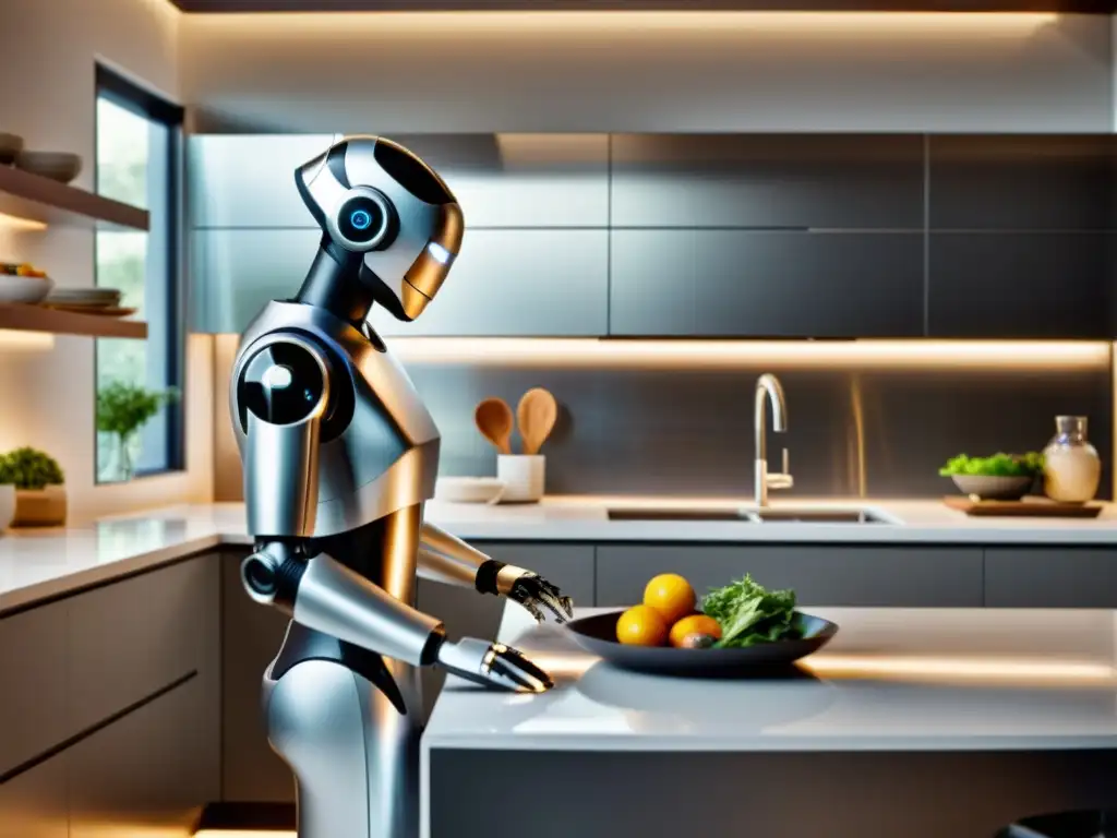 Un robot doméstico de tecnología avanzada, integrado sin esfuerzo en una cocina contemporánea, iluminada cálidamente