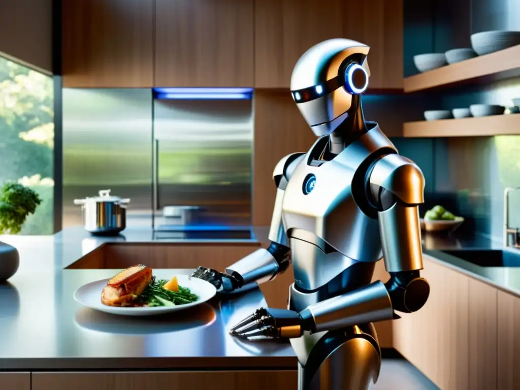 Un robot doméstico tecnológico prepara una comida gourmet en una cocina moderna y soleada, mostrando la fusión de tecnología y tareas domésticas