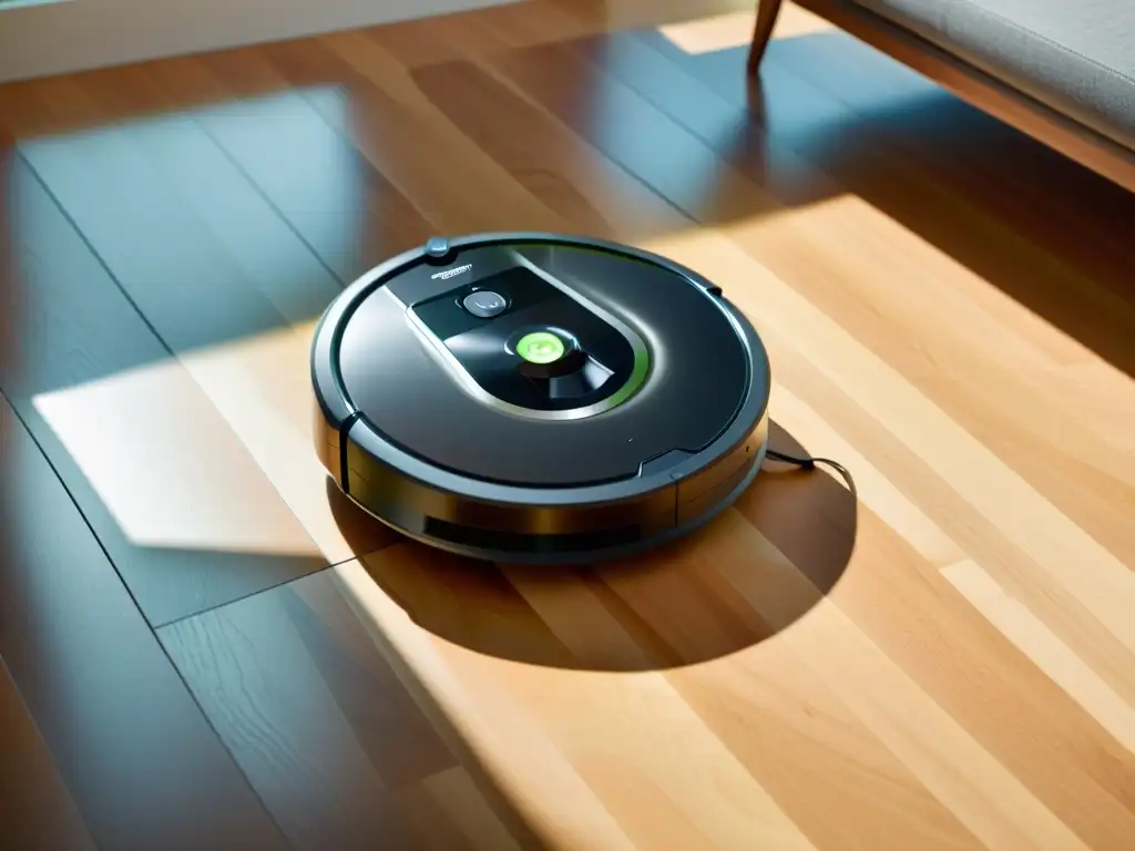 El robot aspirador Roomba i7 se desliza con elegancia sobre el suelo de madera, destacando su diseño minimalista y tecnología avanzada